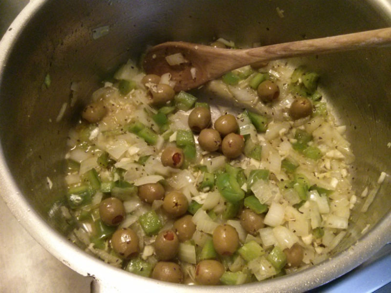 Green Pepper, Onion, Olives & Herbs sauteing