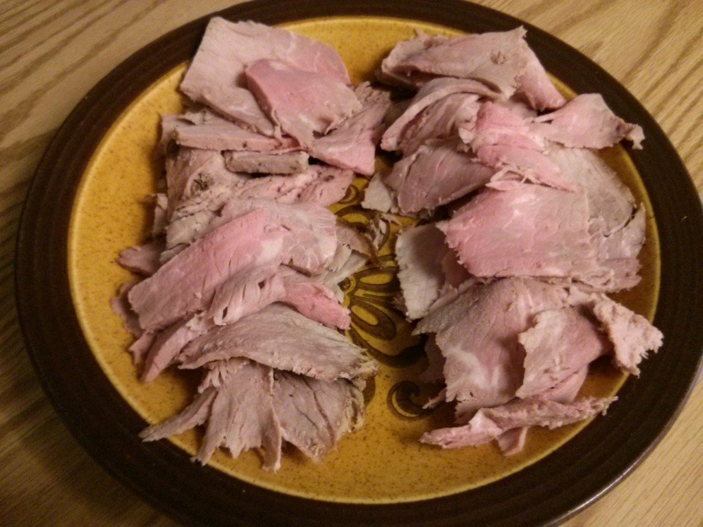 Thinly sliced Beef Rib Roast for French Dip Sandwich