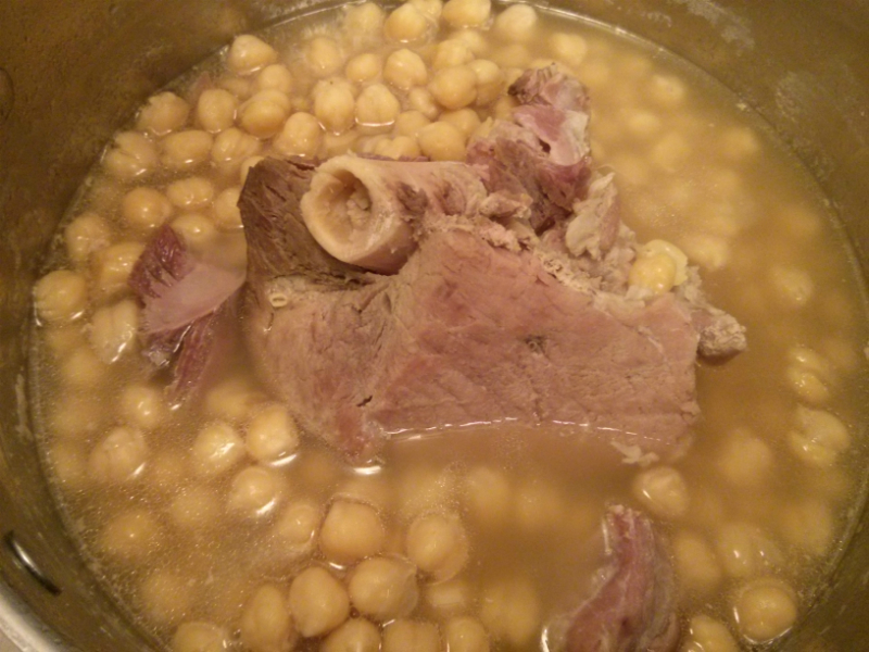 Ham bone cooking with garbanzo beans