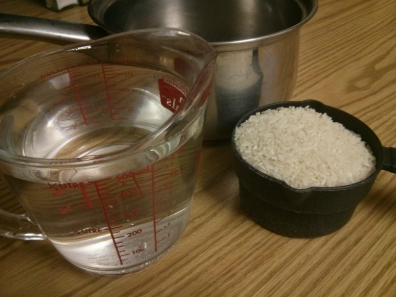 One cup of rice to two cups of water