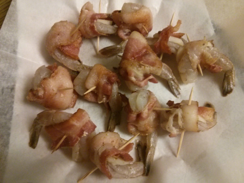 Bacon-wrapped shrimp ready to be fried
