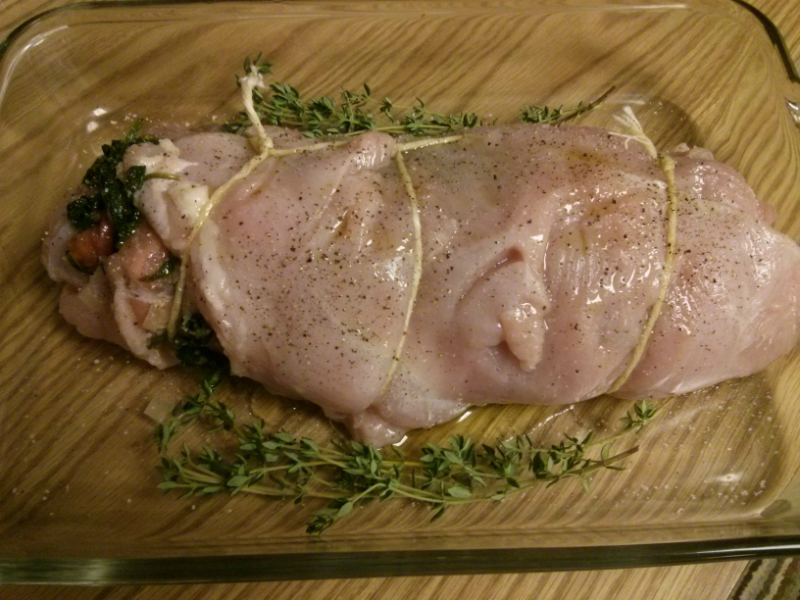 Roasted Spinach & Prosciutto Turkey Roulade stuffed, tied and ready for the oven